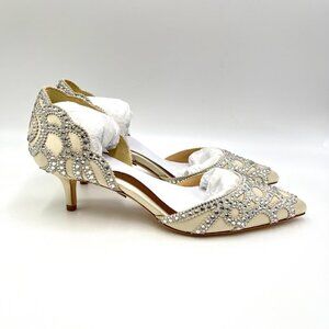 Badgley Mischka Size 6 Ginny Jeweled Ivory Satin D'Orsay Low Heels Pumps Shoes